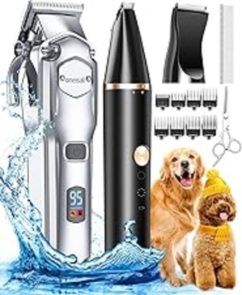 oneisall Dog Grooming Kit for Heavy Thick Hair&Coats/Low Noise Rechargeable Cordless Waterproof Dog Clippers for Grooming Animals&Pets/Pet Shaver with Stainless Steel Blade and Paw Trimmer