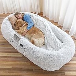 WROS Human Dog Bed - 71"x45"x12" Fits You & Pets, Washable Faux Fur, Orthopedic, Plump Pillow, Blanket, Strap - Grey