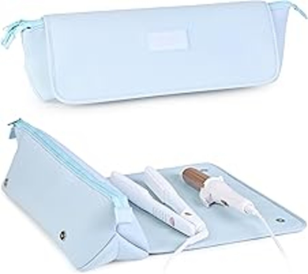 BAREFOOT CARIBOU Hair Tools Travel Bag and Heat Resistant Mat (15.5") for Flat Irons, Straighteners, Curling Iron, and Haircare Accessories, 2-in-1 design, with Interior Pockets, Organizer (Baby Blue)