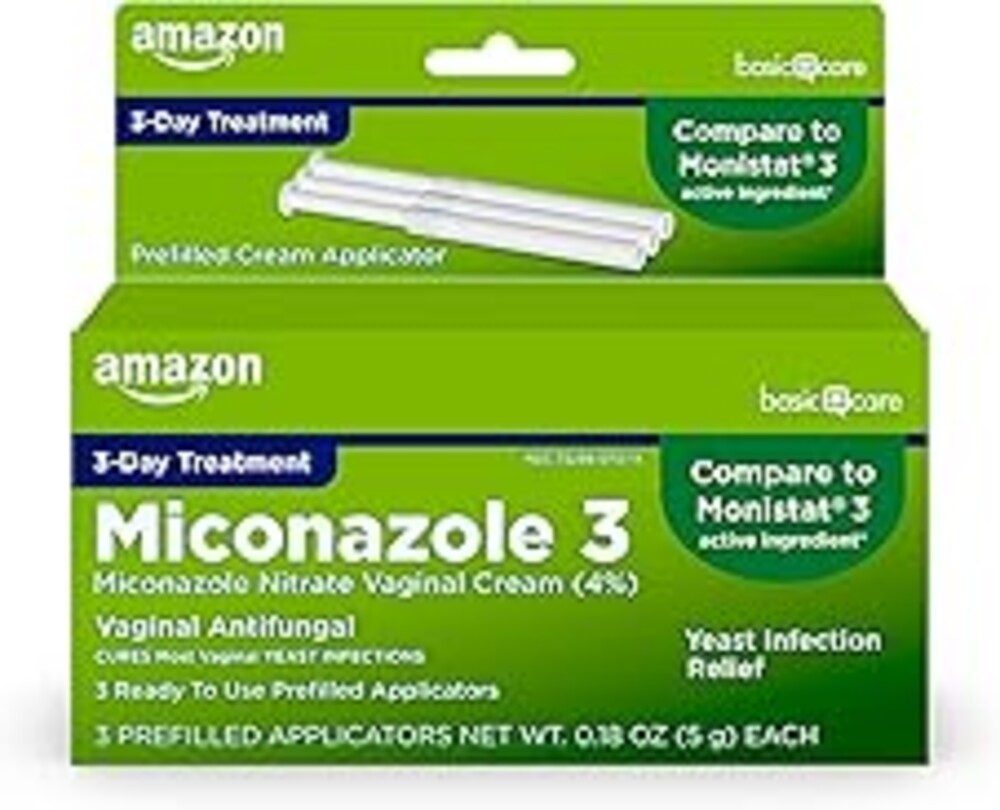 Amazon Basic Care Miconazole Nitrate Vaginal Cream (4 Percent), 3-Day Yeast Infection Treatment for Women with Prefilled Applicators, 0.18 ounce, 3 count