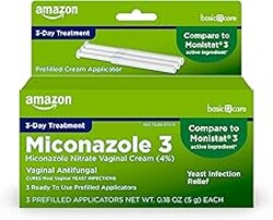Amazon Basic Care Miconazole Nitrate Vaginal Cream (4 Percent), 3-Day Yeast Infection Treatment for Women with Prefilled Applicators, 0.18 ounce, 3 count