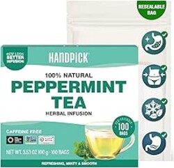 HANDPICK, Peppermint Tea, Eco-Conscious Tea Bags - 100 Count | Caffeine Free, Non-GMO | Minty, Fresh & Cool flavor | Direct From Source