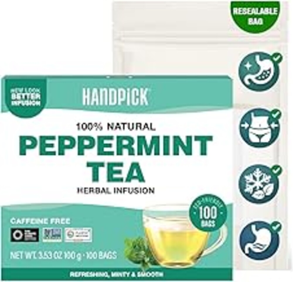 HANDPICK, Peppermint Tea, Eco-Conscious Tea Bags - 100 Count | Caffeine Free, Non-GMO | Minty, Fresh & Cool flavor | Direct From Source