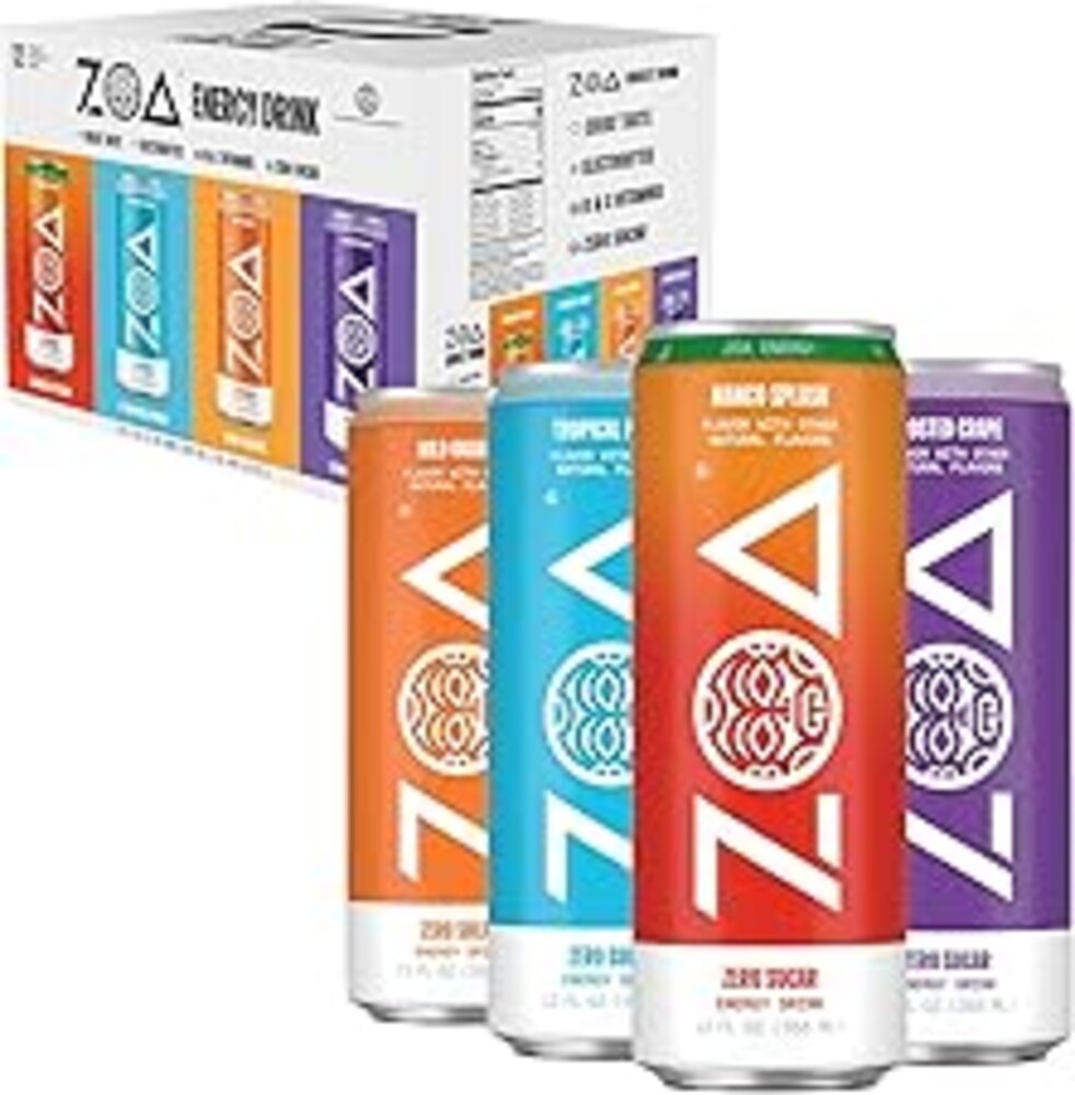 ZOA Zero Sugar Energy Drinks, Variety Pack - Sugar Free with Electrolytes, Healthy Vitamin C, Amino Acids, Essential B-Vitamins, and Caffeine from Green Tea (MS, TP, FG, WO)- 12 Fl Oz (12-Pack)