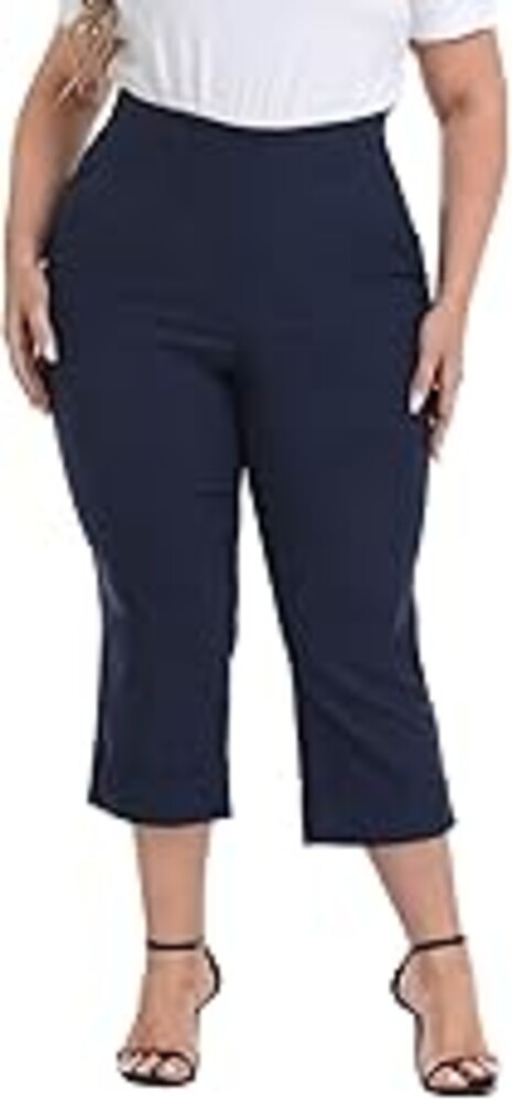 HDE Plus Size Pull On Capri Pants for Women with Pockets Elastic Waist Commuter Travel Casual Work Cropped Pants with Cuff