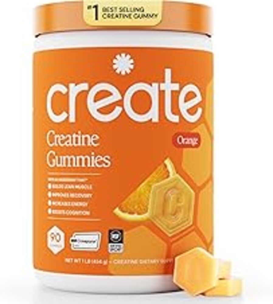 Create Creatine Monohydrate Gummies for Men & Women, Boost Focus, Strength, and Endurance, Anti-Melting Formula, Vegan, Gluten-Free, Non-GMO, 1.5g of Creatine per Gummy (Orange)
