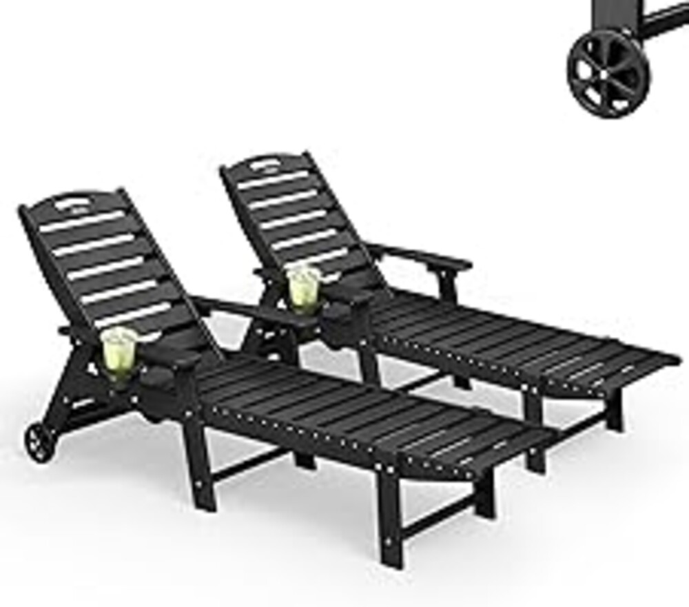 SUUNYN Lounge Chair Outdoor Set of 2, HDPE Chaise Lounge Outdoor, Pool Lounge Chair for Pool Poolside Deck Backyard Patio, Black