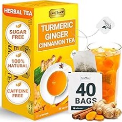 LeafLea 40 Turmeric Ginger Cinnamon Tea Bags, 100% Natural Ingredients Herbal Tea, Turmeric Ginger Herbal Blend for Wellness, Vegan, No Sugar, Caffeine-Free, Individually Wrapped for Freshness