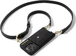 Bandolier Hailey Crossbody Wallet Phone Case for iPhone 15 Pro. 100% Genuine Pebble Leather with Gold Hardware. Adjustable & Removable Strap. Expandable Flip Card Holder. Black with Gold
