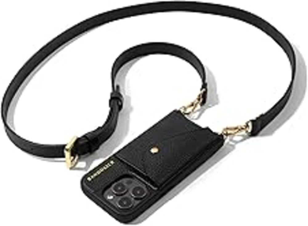Bandolier Hailey Crossbody Wallet Phone Case for iPhone 15 Pro. 100% Genuine Pebble Leather with Gold Hardware. Adjustable & Removable Strap. Expandable Flip Card Holder. Black with Gold
