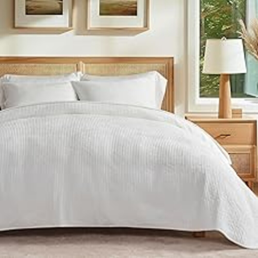 EverGrace Velvet Quilt Set Queen Size, Luxurious Soft Quilted Bedding Sets, Lightweight Velvet Comforter for All Season, Striped Channel Bedspread Coverlet with 2 Shams, Bright White