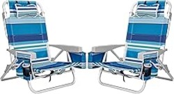 2Pk Aluminum Extra Wide 5-Position Lay Flat Folding Backpack Beach Chairs for Adults, with Cooler Bag, Cup&Phone Holder, Towel Bar for Outdoor Lawn Picnic Sport, Portable Camping Chairs, Blue Stripes