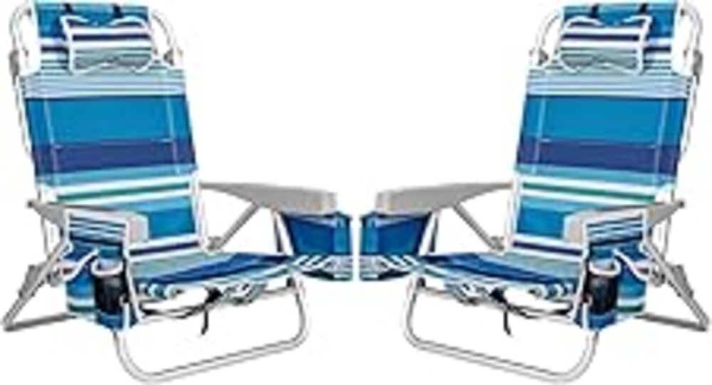 2Pk Aluminum Extra Wide 5-Position Lay Flat Folding Backpack Beach Chairs for Adults, with Cooler Bag, Cup&Phone Holder, Towel Bar for Outdoor Lawn Picnic Sport, Portable Camping Chairs, Blue Stripes