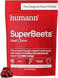 Humann SuperBeets Heart Chews, Beet Root Powder Support Energy Supplement, Nitric Oxide and Blood Pressure Support, Grape Seed Extract & Non-GMO, Heart Health, Pomegranate Berry Flavor, 60 Count
