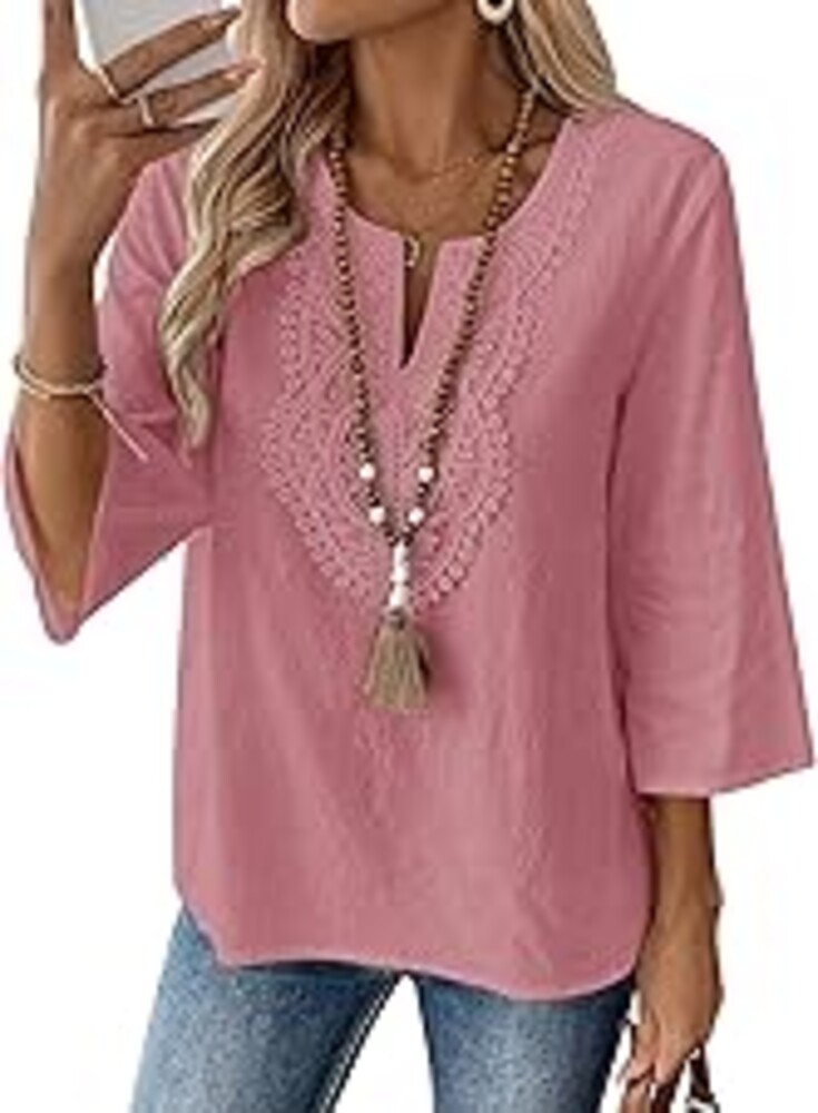 LOMON Womens 3/4 Sleeve Tops Cotton Linen Shirts V Neck Lace Casual Loose Fit Blouses Boho Fashion