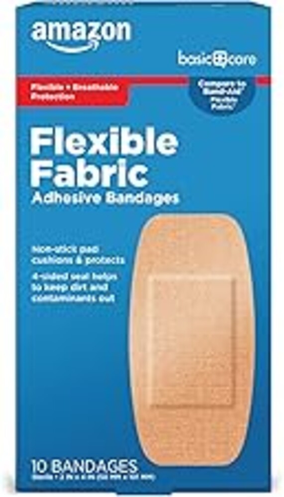 Amazon Basic Care Flexible Fabric Adhesive Bandages, XL (2 in x 4 in), Non-Stick Pad for Cuts & Scrapes, 4-Sided Seal, 10 Count