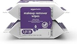 Amazon Basics Makeup Remover Wipes, Gentle Cleansing, Dermatologist Tested, Night Calming, Plant Based, Alcohol-Free, Removes Waterproof Mascara, 25 Count Per Pack, Pack of 2