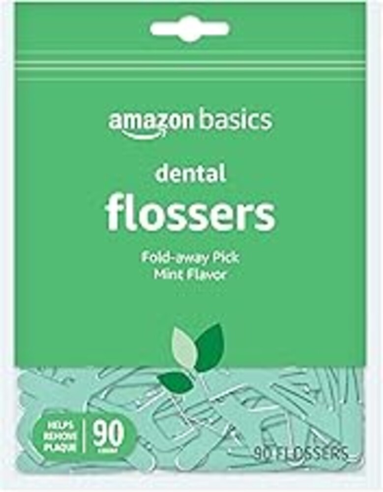 Amazon Basics Mint Dental Flossers, Shred Resistant, Slides Easily Between Teeth, with Fold-Away Pick, 90 Count, 1-Pack (Previously Solimo)
