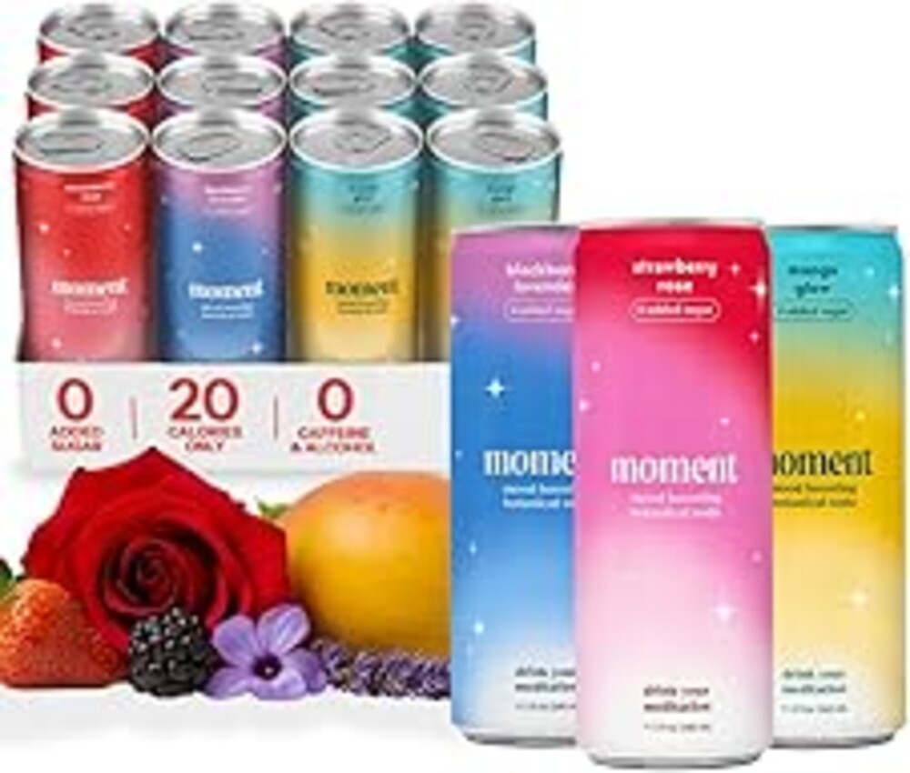 Moment Botanical Soda (Shark Tank) - Calm, Clarity & Relaxation with L-Theanine & Ashwagandha - Non Alcoholic Drinks for Adults - Sparkling Adaptogen Drink - 0 Sugar 0 Caffeine - 12 Pack 11.5 fl oz