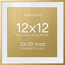 Homeforia 12x12 Picture Frame Gold, High End Metal 12 x 12 Square Poster Frame with Mat 10 x 10 Photo, 12x12 Frame Matted to 10x10 Print, 12by12 Gold Hanging Frames, Tempered Glass, Wall Kit, Set of 1