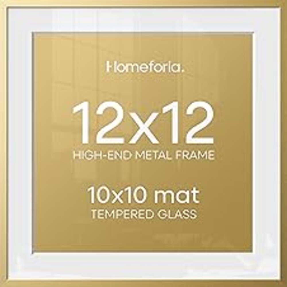Homeforia 12x12 Picture Frame Gold, High End Metal 12 x 12 Square Poster Frame with Mat 10 x 10 Photo, 12x12 Frame Matted to 10x10 Print, 12by12 Gold Hanging Frames, Tempered Glass, Wall Kit, Set of 1
