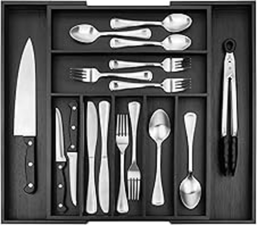 Purawood Bamboo Drawer Organizer - Expandable Silverware Organizer & Utensil Organizer, Cutlery Tray with Dividers, 7-9 Slots - Premium Kitchen Drawer Organizer for Utensils & Flatware (Black)