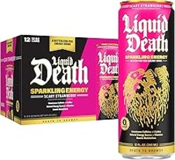 Liquid Death Sparkling Energy - Scary Strawberry, Zero Sugar Energy Drink, Unextreme Caffeine 100mg, Essential Vitamins, 12 Fl Oz (Pack of 12)