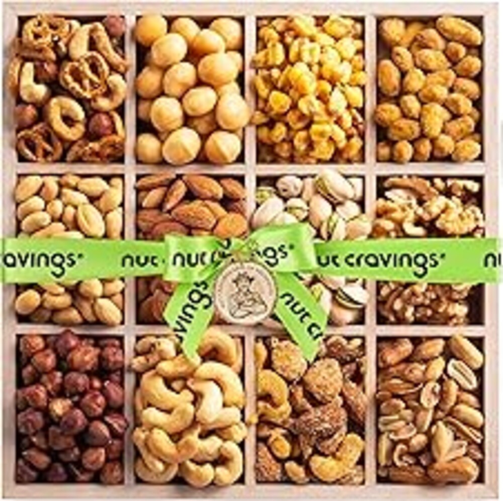 NUT CRAVINGS - Fathers Day Treats, Gift For Dad, Mixed Nuts Gift Basket in Reusable Wooden Tray + Green Ribbon (12 Assortments) Treats for Adults, Healthy Snack Care Package, Kosher