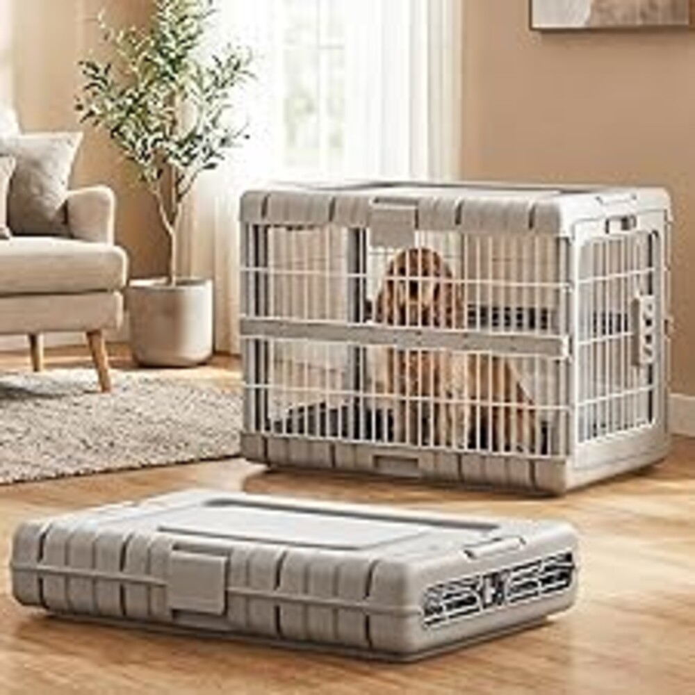 ZOMISIA Collapsible Dog Crate for Dogs - 28" L Heavy Duty Dog Kennel No Tools Required with 4 Sides Steel Foldable Cage for Dogs Indoor Furniture, Portable Carrier with 2 Smooth Wheels, Beige