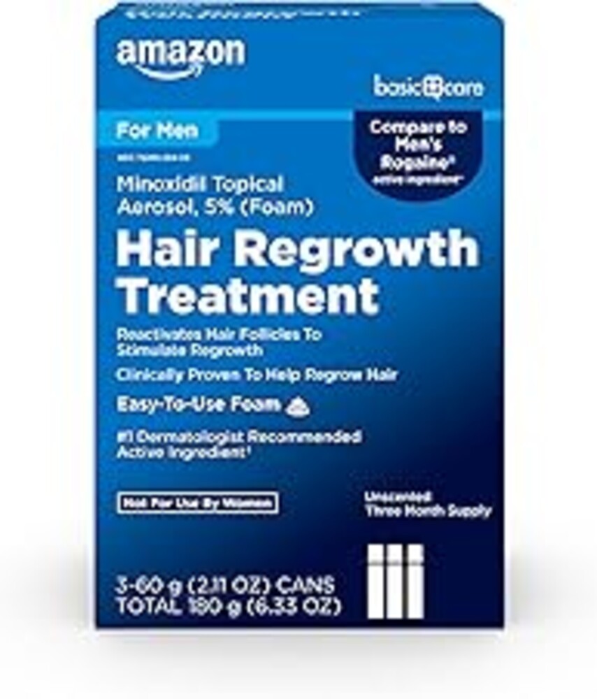 Amazon Basic Care Minoxidil Topical Aerosol, 5% Foam, Hair Regrowth Treatment for Men, Unscented, 2.11 oz, 3-Month Supply (3-Pack)