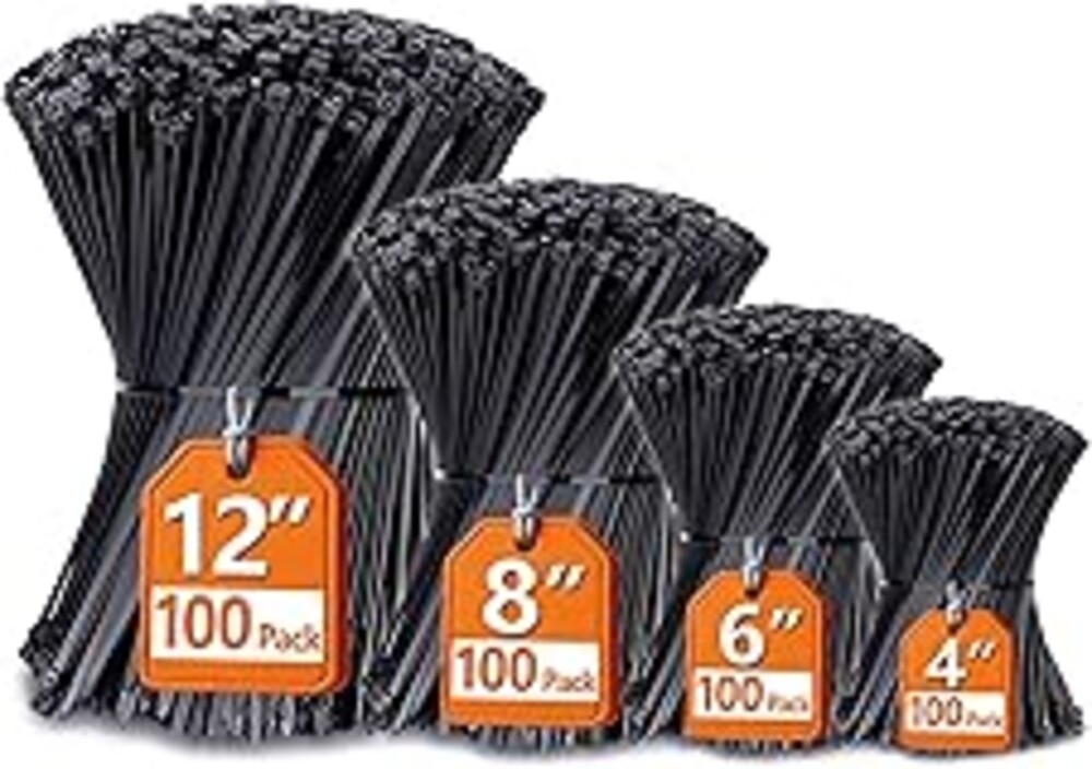Zip Ties Assorted Sizes(4”+6”+8”+12”), 400 Pack, Black Cable Ties, UV Resistant Wire Ties by ANOSON