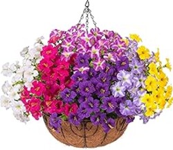 INSPRING Artificial Fake Hanging Plants Flowers Basket for Outdoors, UV Resistant Faux Hanging Silk Morning Glory in Planter Look Real Petunias for Outside Patio Porch Balcony Garden Decor, 6Mix