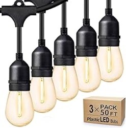 Svater Outdoor String Lights 150FT, E26 Socket, 48pcs S14 Shatterpoof Bulbs, 1 Watt Dimmable 2700K Warm White, IP65 Waterproof Commercial Grade Patio Lights（3 Pack X 50FT）