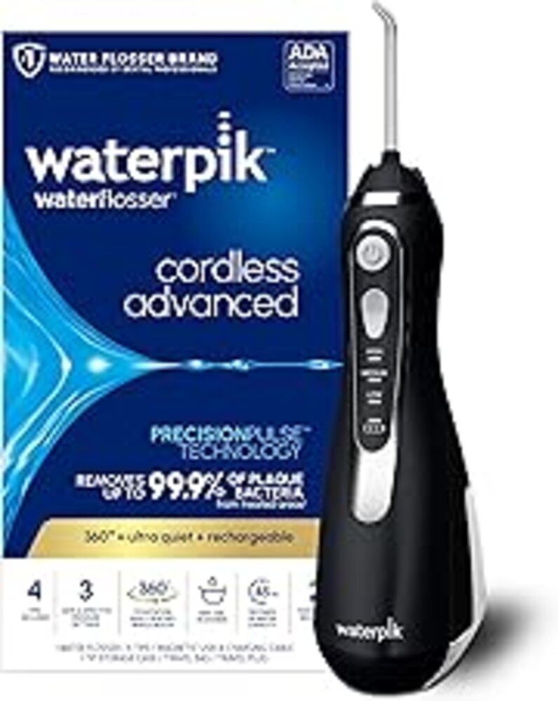 Waterpik Cordless Advanced 2.0 Water Flosser For Teeth, Gums, Braces, Dental Care With Travel Bag and 4 Tips, ADA Accepted, Rechargeable, Portable, and Waterproof, Black WP-582, Packaging May Vary