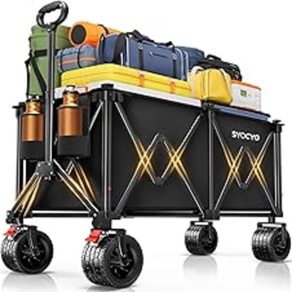 Collapsible Wagon Carts Foldable 570LBS Beach Wagon with Big All-Terrain Wheels Weight Capacity Heavy Duty Utility Carts with Cup Holders for Garden, Camping, Grocery, Sports Black