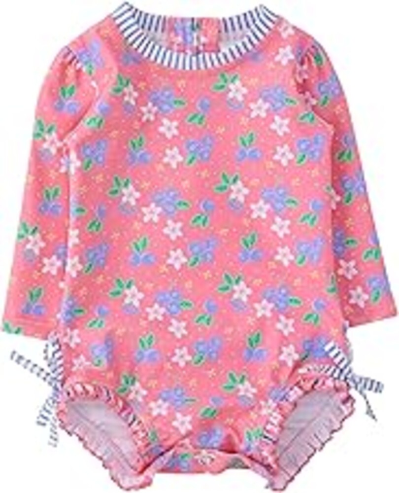 RuffleButts Baby Girls UPF 50+ Sun Protection Floral Printed Long Sleeve One Piece Rash Guard Swimsuit with Zipper
