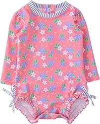 RuffleButts Baby Girls UPF 50+ Sun Protection Floral Printed Long Sleeve One Piece Rash Guard Swimsuit with Zipper