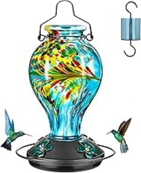 Tegarbed Hand Blown Glass Hummingbird Feeders for Outdoors Hanging, 24oz Wild Bird Nectar Feeder with Ant Moat and Perch, Bee-Resistant Ports, Garden Decor, Gifts for Women Mom, 1 Pack, Blue Phoenix