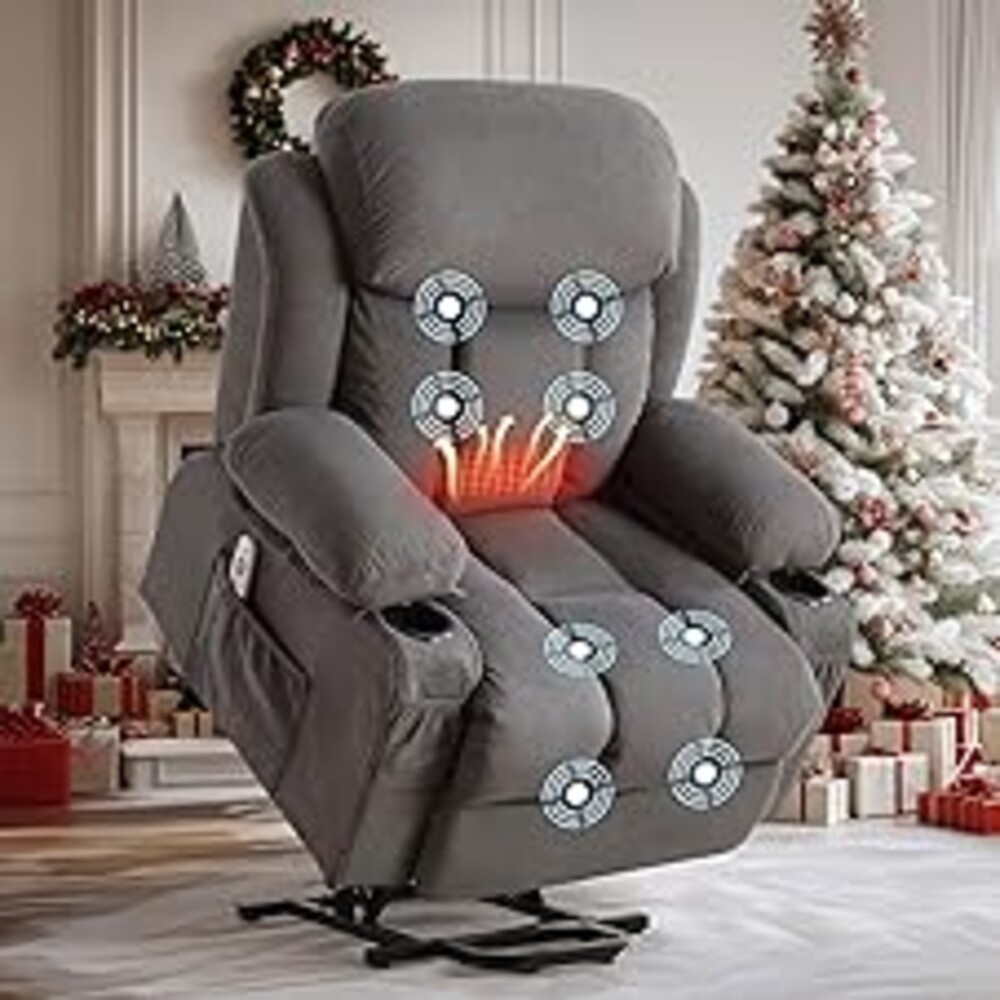 BOSMILLER Power Lift Recliner Chair with Massage and Heat for Elderly, Electric Recliner Single Sofa with Two Cup Holders, Extended Footrest, Side Pocket and USB Charge Port for Living Room