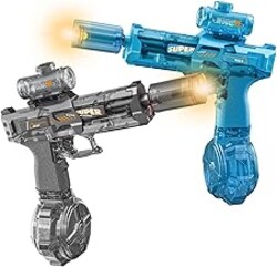 Electric Water Gun for Adults Kids, 2 Pack Automatic Squirt Watergun with Water Spray Sound and Led Lights, Summer Outdoor Water Pistol Pool Beach Party Toys for Boys Girls Transparent Black and Blue