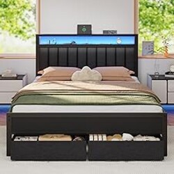 Furnulem Queen Bed Frame with Charging Station and LED Lights, Grey Upholstered Headboard with Shelves, Metal Platform Bed with 2 Under-Bed Storage (Fabric Drawer on Wheels), No Box Spring Needed