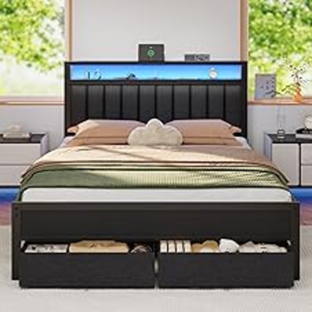 Furnulem Queen Bed Frame with Charging Station and LED Lights, Grey Upholstered Headboard with Shelves, Metal Platform Bed with 2 Under-Bed Storage (Fabric Drawer on Wheels), No Box Spring Needed