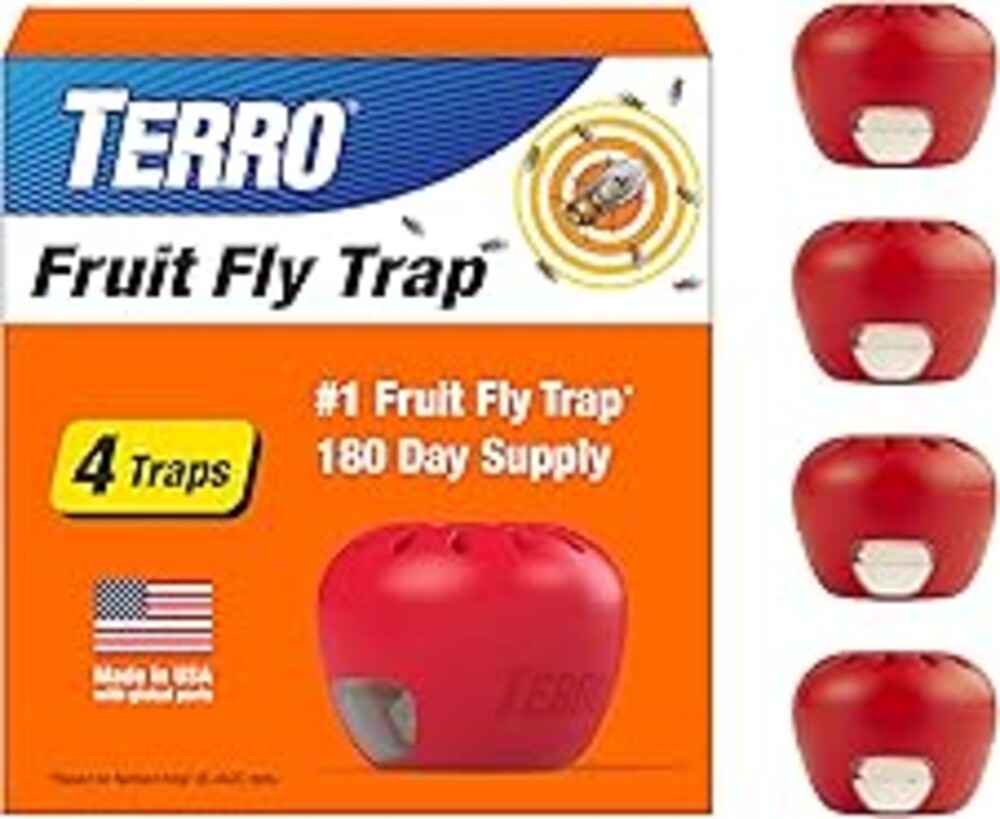 TERRO Fruit Fly Traps for Indoors (4 Pack) + 180 Days of Lure Supply - T2503SR - Lure and Kill Indoor Fruit Flies Near Fruit, Trash Cans, Countertops - Ready to Use Trap - 180 Day Supply