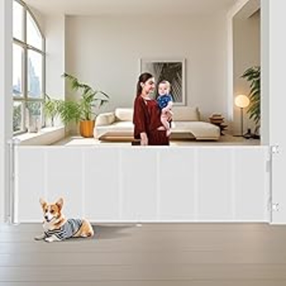 Miumoon 150 inch Retractable Baby Gates 34 inch Tall, Retractable Gate with Reinforced Strip Design to Prevent Crawling Through, 12 FT Extra Wide Retractable Dog Gate for Indoor/Outdoor