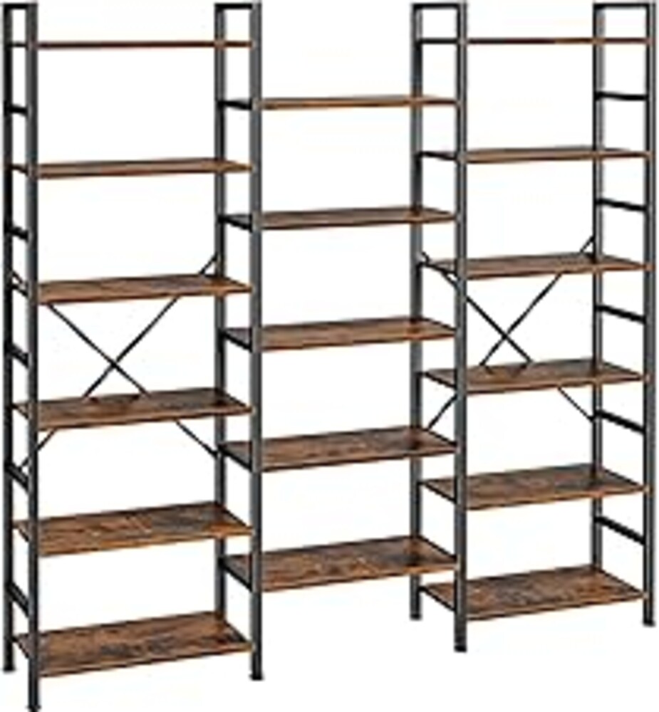 SUPERJARE Triple Bookshelf, Bookcase with 17 Open Display Shelves, Wide Book Shelf Book Case for Home & Office, 6 Tier, Brown