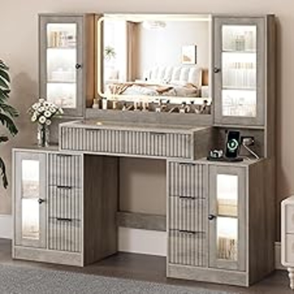 ANYMAPLE 55" Vanity Desk with Mirror & Lights, Fluted Makeup Vanity with 8 Drawers & 4 Cabinets, Tempered Glass Top, RGB Cabinet Lighting, 3-Color Dimmable Mirror, and Charging Station