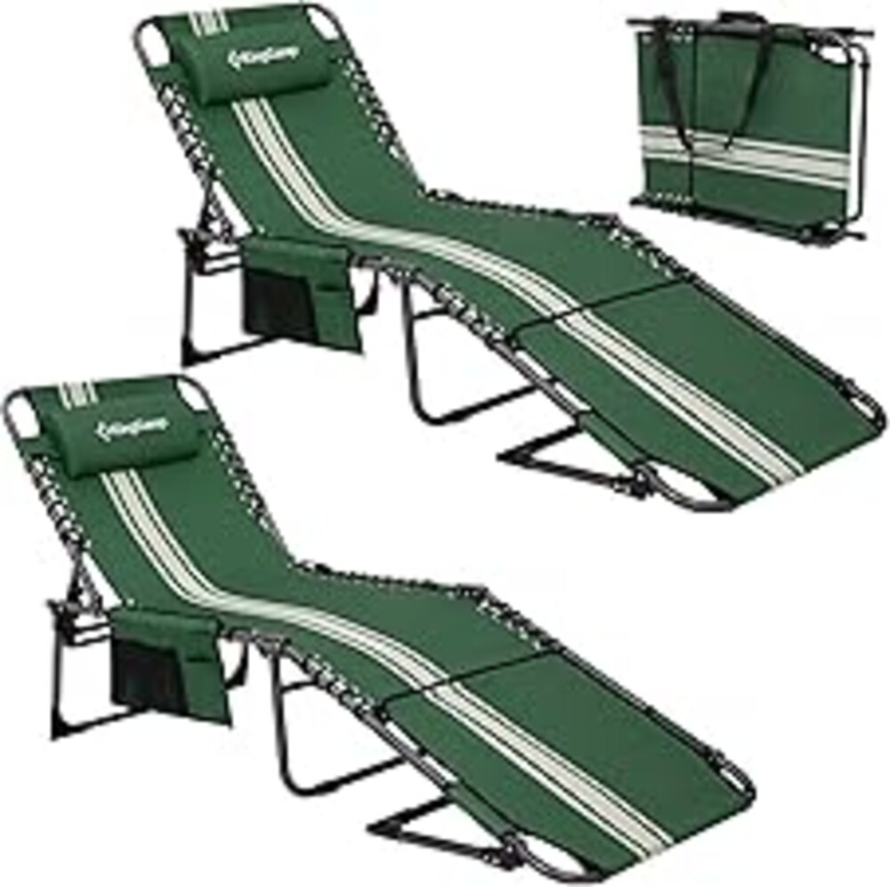 KingCamp 2 Pack Folding Lounge Chair Outdoor, Tanning Chair with Face Hole Comfy Adjustable 5-Position Foldable Chaise Chaser Lounger for Outside Beach Patio Sun Bathing Pool, Green/White