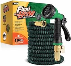 Flexi Hose with 8 Function Nozzle, 100FT - Lightweight Expandable Garden Hose, No-Kink Flexibility, 3/4 Inch Solid Brass Fittings and Double Latex Core - Black and Green