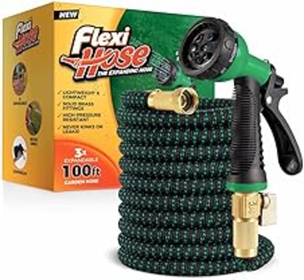 Flexi Hose with 8 Function Nozzle, 100FT - Lightweight Expandable Garden Hose, No-Kink Flexibility, 3/4 Inch Solid Brass Fittings and Double Latex Core - Black and Green