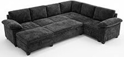 108 Inch Sectional Sleeper L Shaped Sofa with Pull Out Bed, Modular Sectional Sofa with Storage, Modern Chenille Cloud Couch, Sectional Couches for Living Room, Gray (Black, 7 Seater Sleeper Sofa)